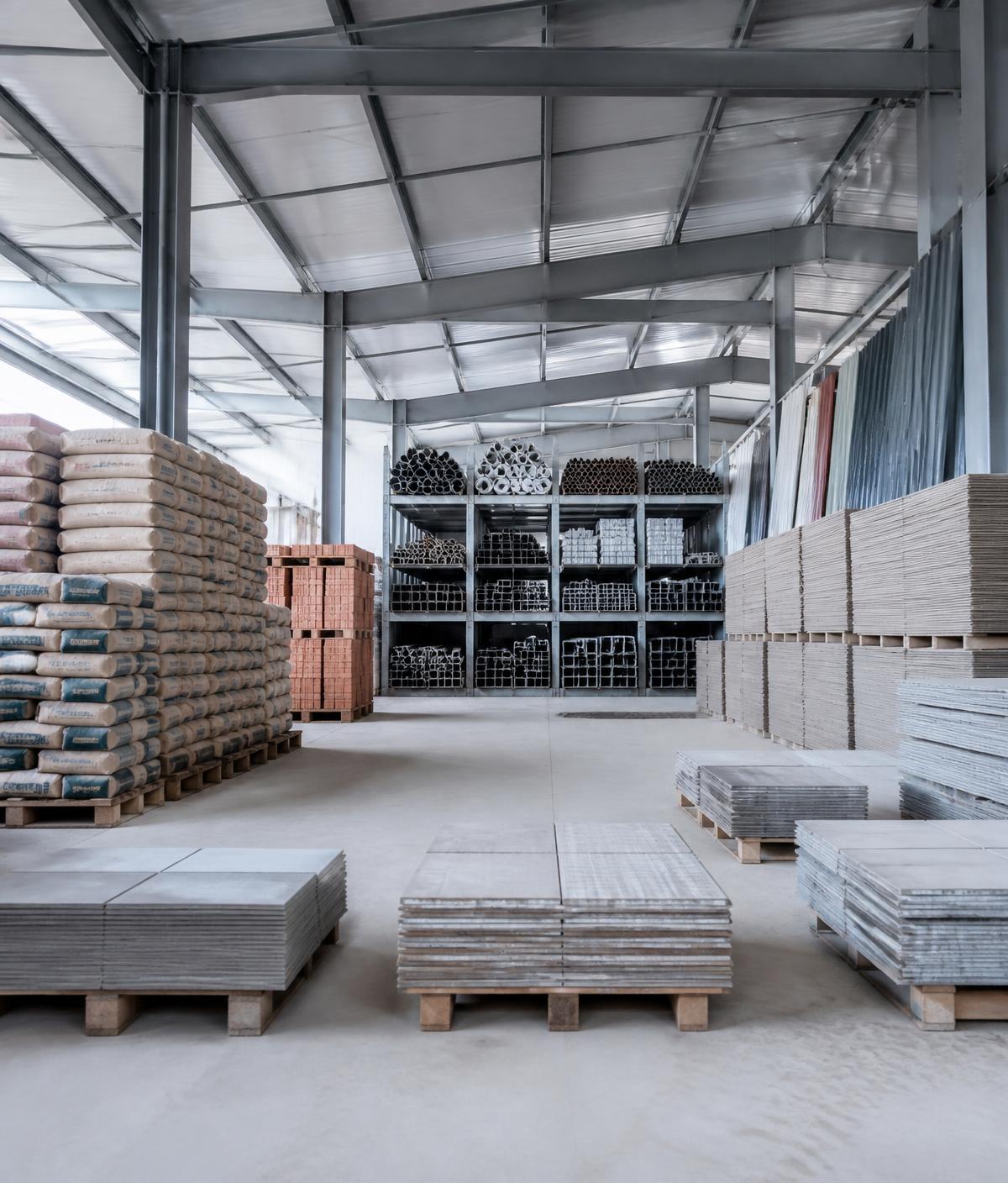 Building materials organised in a supply yard