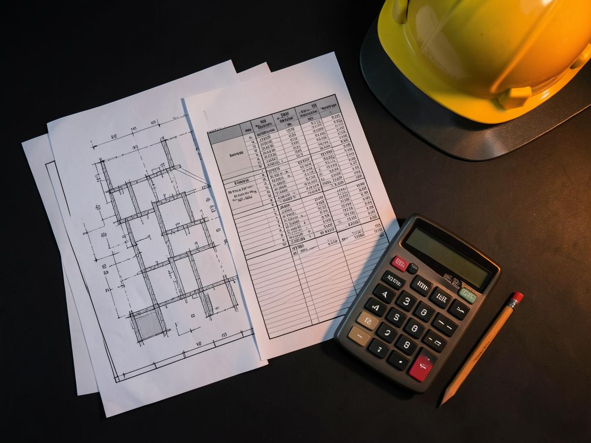 A bill of quantities and drawings laid out on a desk for pricing