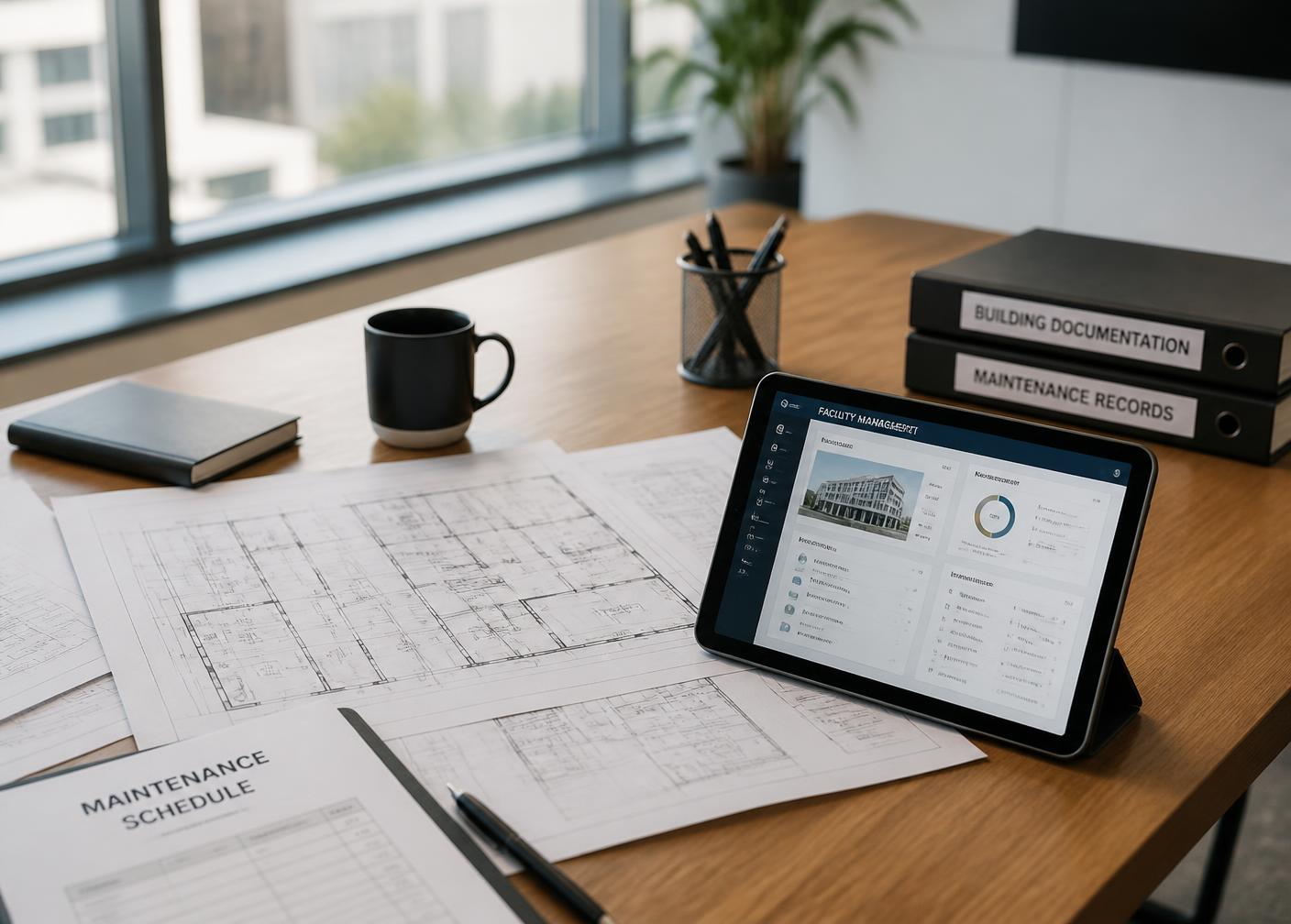 Facility drawings, maintenance schedules and a facilities management dashboard on a desk