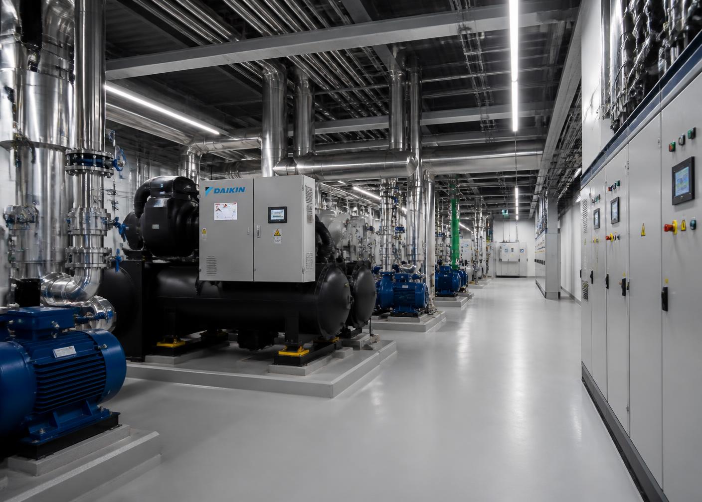 Building plant room with chillers, pumps and electrical panels